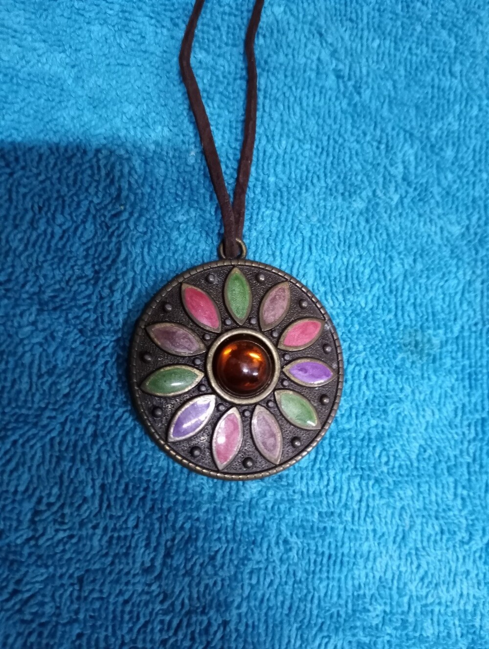 Multicolored Pendant With Amber Look Center Stone On Leather Cord Necklace